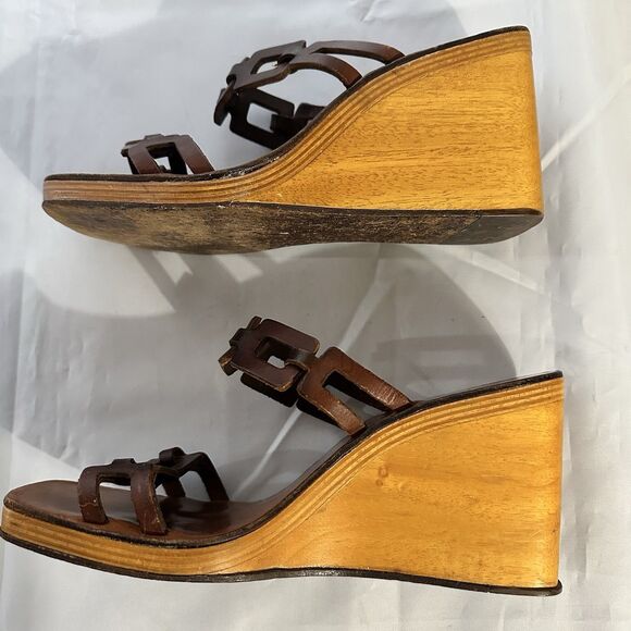 Vintage Stephane Kelian Brown Leather And Wood Platform Wedge Sandals Sz 9.5 - Picture 12 of 16
